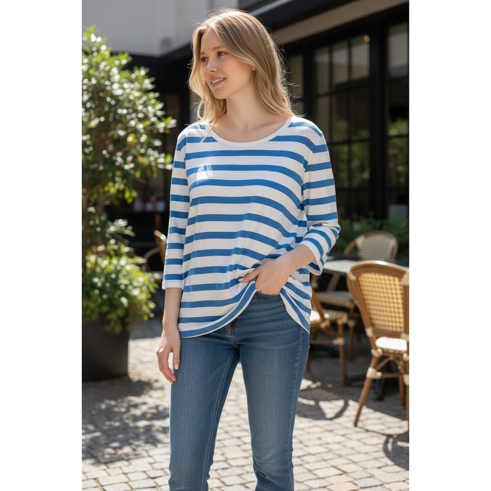 Soft Surroundings Blue White Striped 3/4 Sleeve Scoop Neck Top‎ 1X Plus Sz